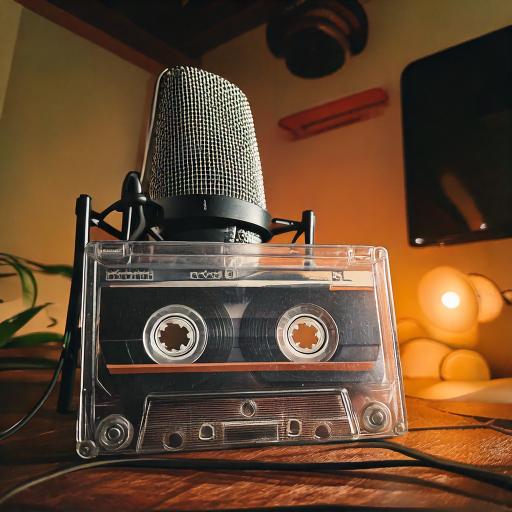 A vintage cassette tape positioned in front of a professional microphone in a warmly lit recording studio, evoking a blend of retro and modern recording themes.