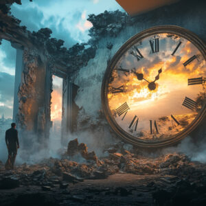 A lone figure stands in a ruined building, facing an enormous clock embedded in a crumbling wall, with the sunset sky reflecting in its glass.