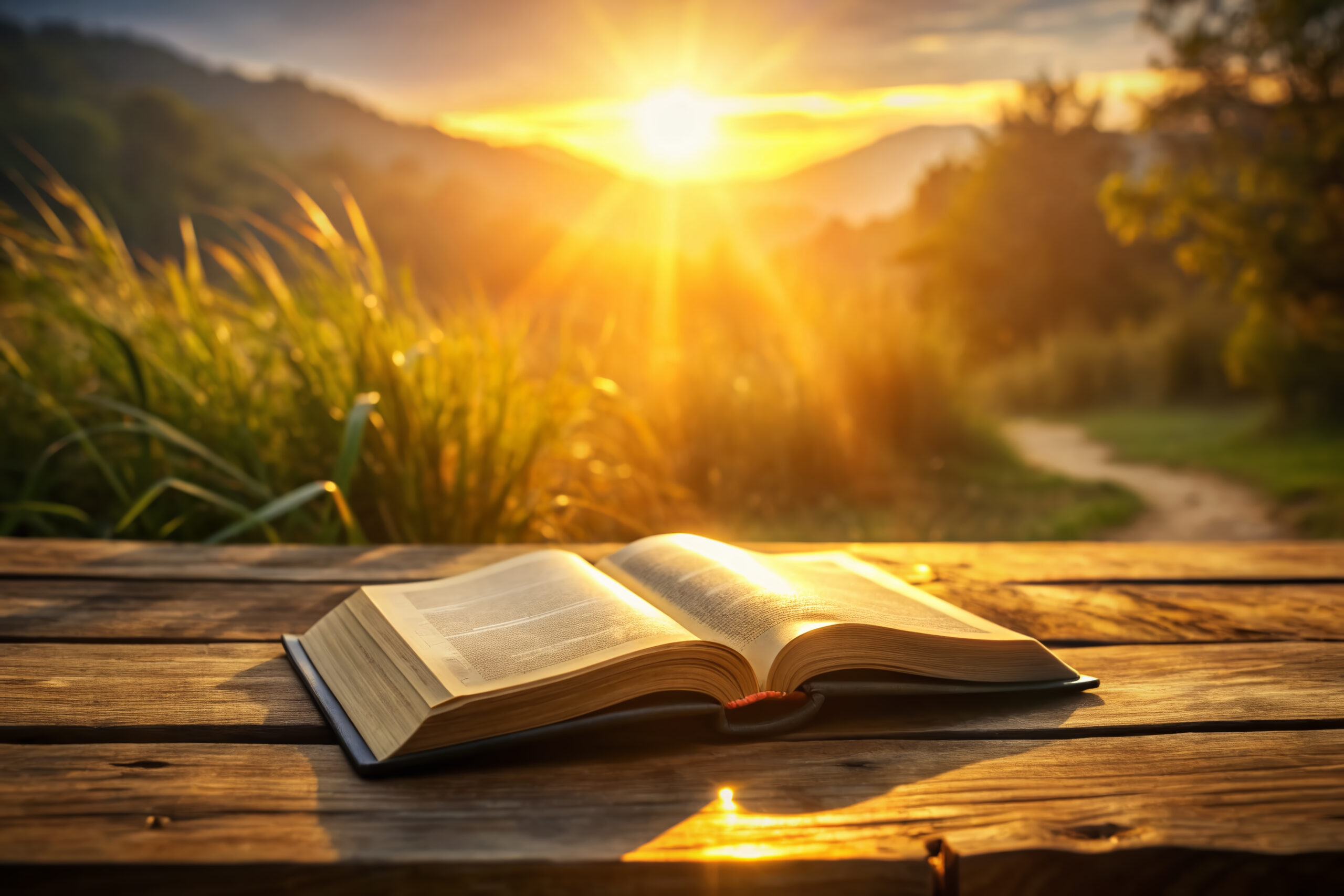 Open Bible on a wooden table with a sunrise in the background, symbolizing spiritual inspiration and a fresh start.