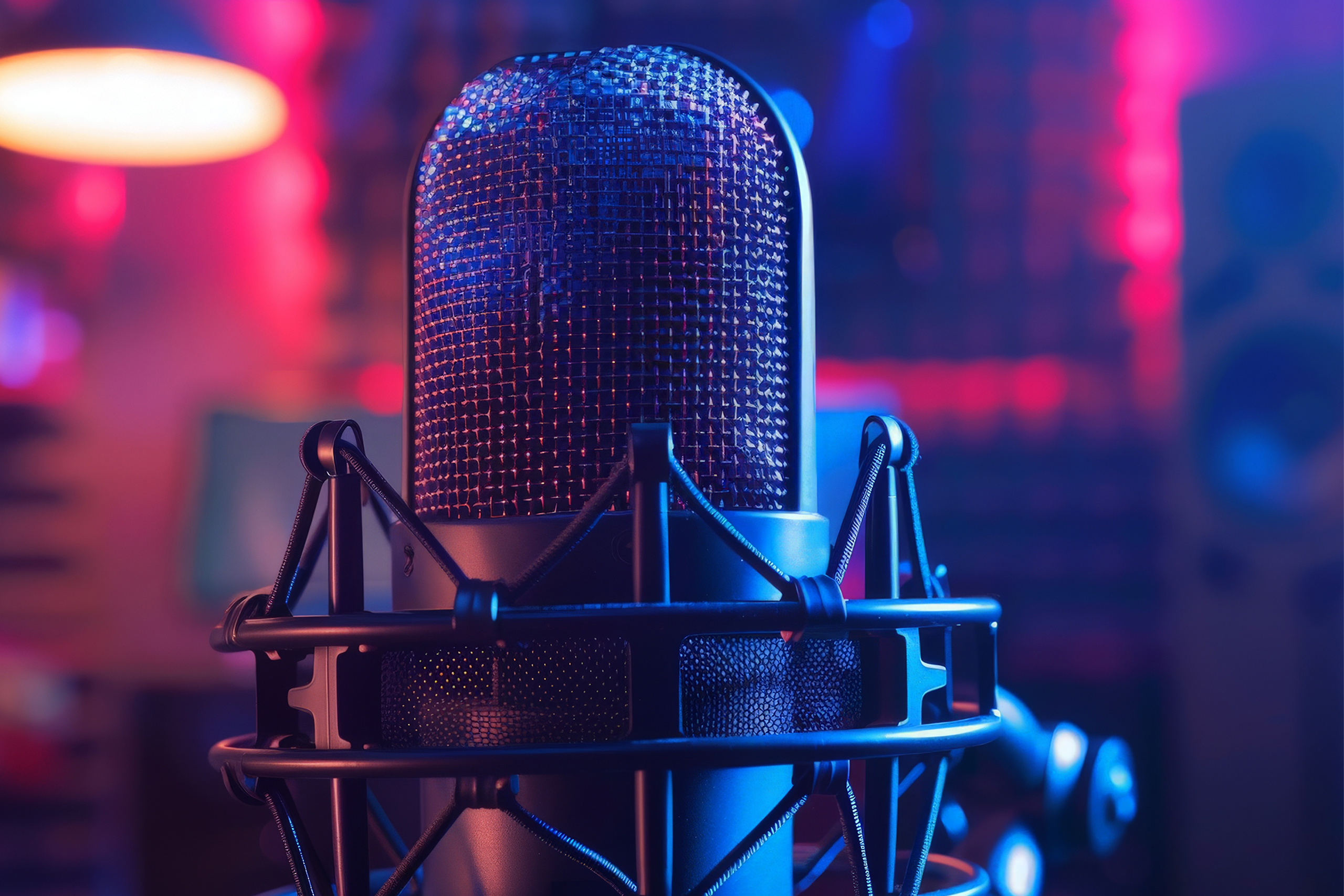 Close-up of a professional podcast microphone in a vibrant recording studio with colorful lights.